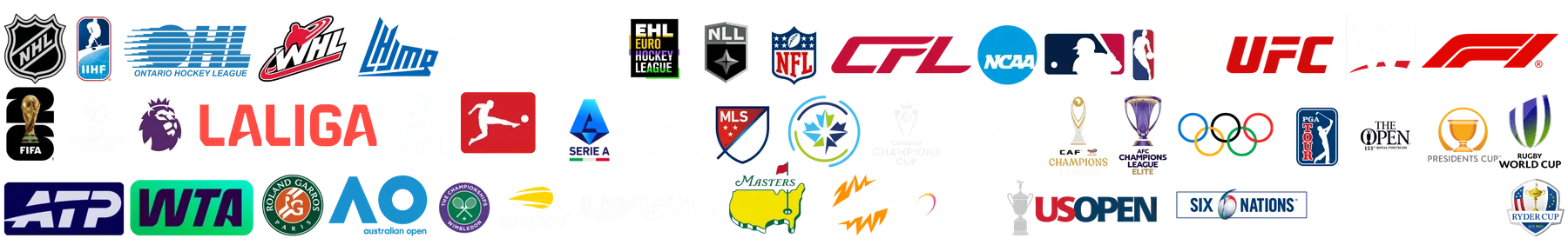 Logos des ligues offertes par TiviLeaf, dont la LNH, la NFL, la LCF, la NBA, la MLB, la NCAA, l’UFC, la WWE, la Premier League, la LaLiga, la Bundesliga, la MLS et la Formule 1